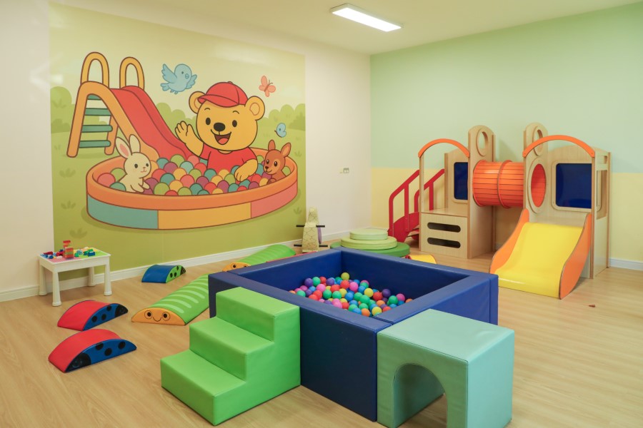 Soft play room with ball pit and climbing frame